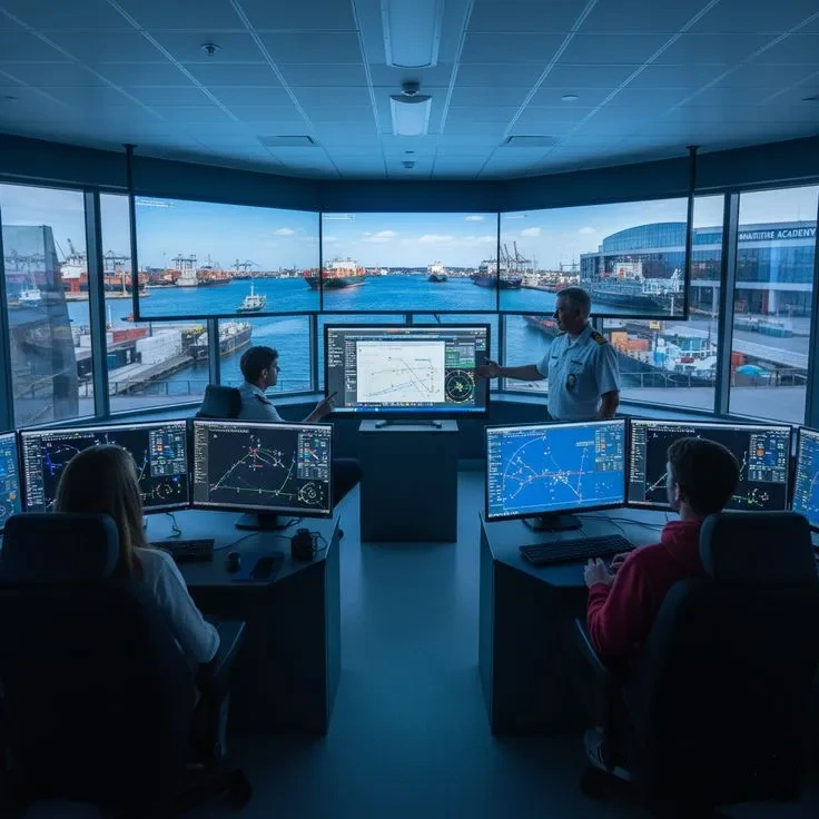 DronePortTrack team in front of a holographic world map in a control center